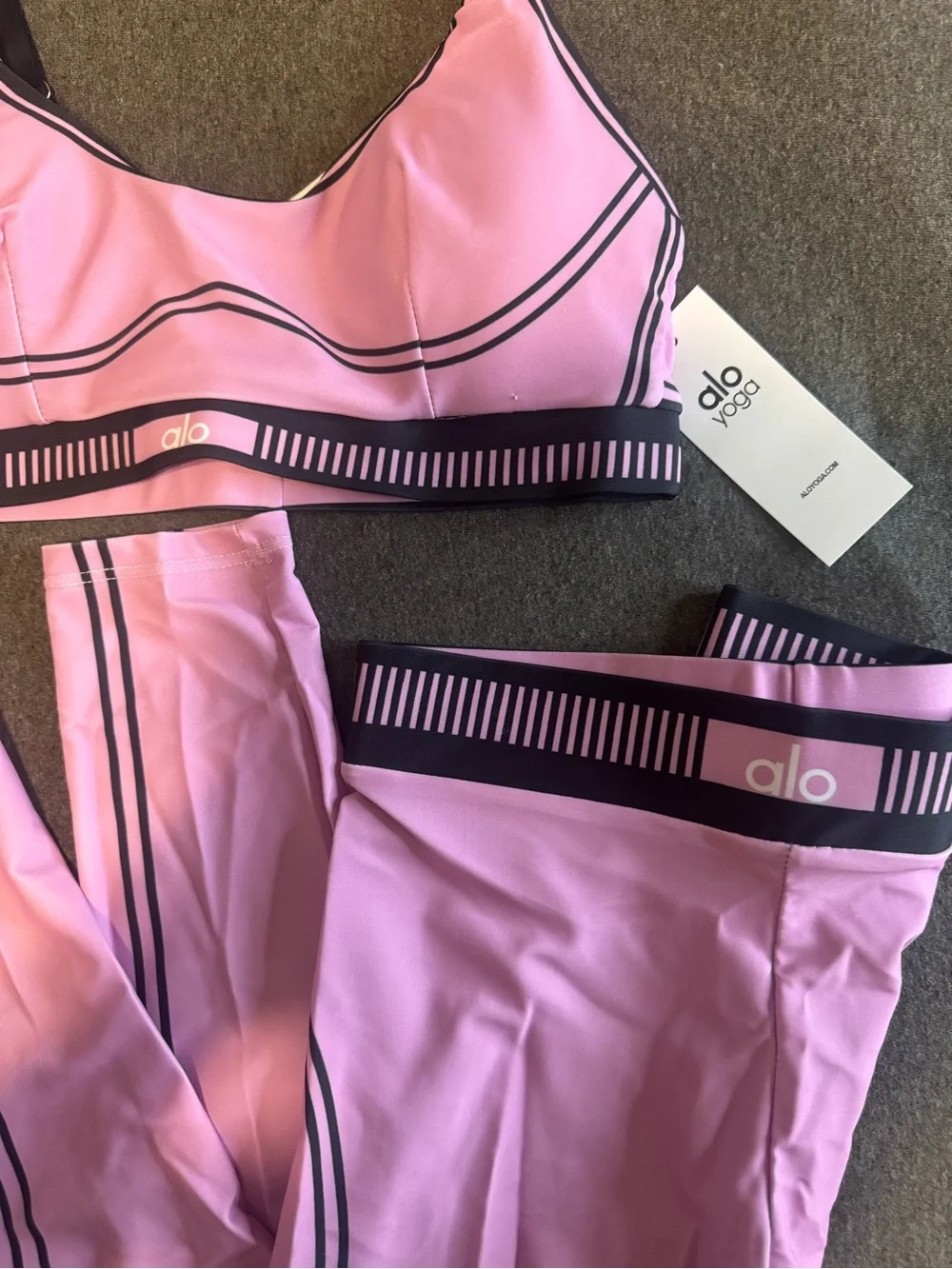 ALO Yoga Pink & Black Trim Sports Bra and Leggings Set